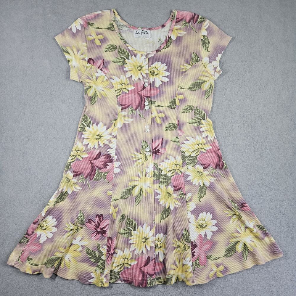 Vintage La Fete Dress Womens Large Floral Knit Mini Preppy Made in‎ USA 90s Y2K